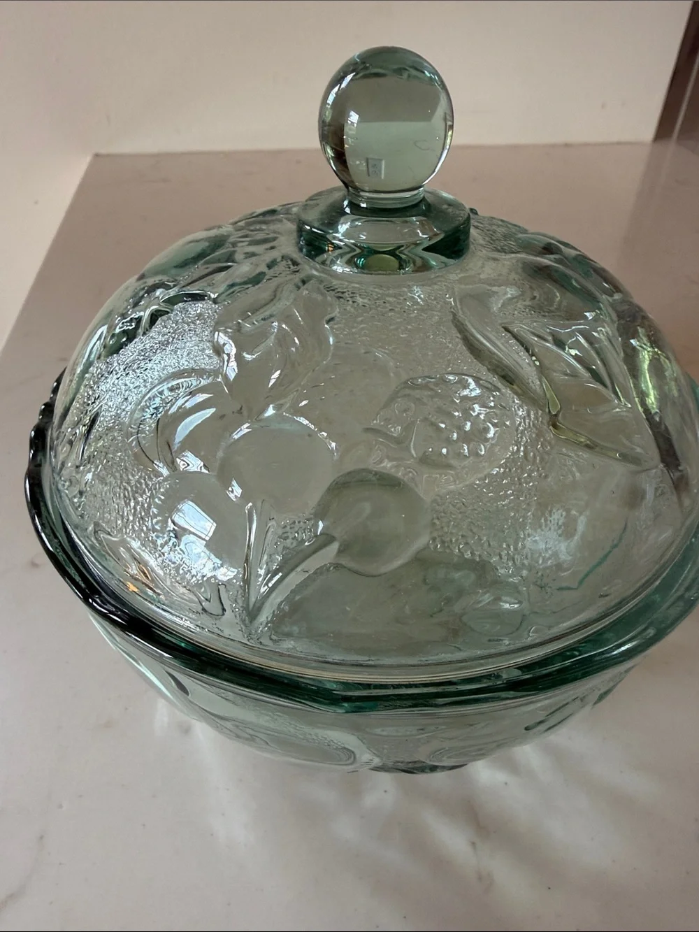 Green Confections Glass Covered Candy Dish in Madeira EUC